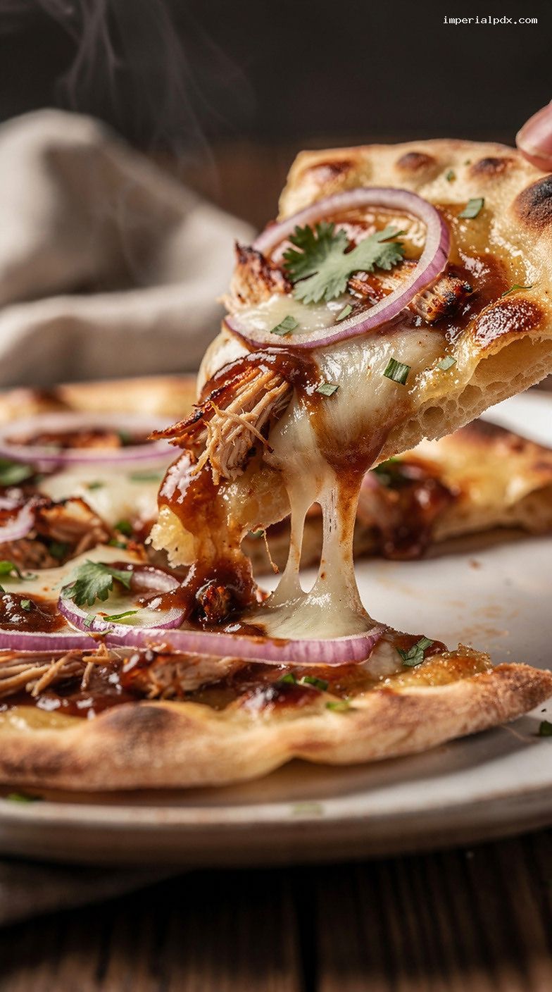 Microwave BBQ Chicken Flatbread with Red Onion and Mozzarella – Closeup