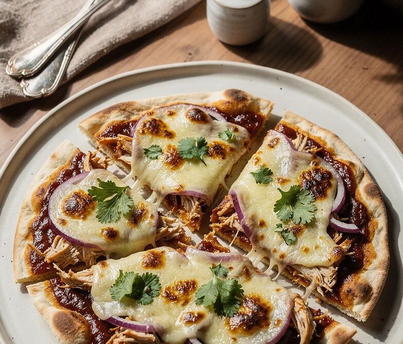 Microwave BBQ Chicken Flatbread with Red Onion and Mozzarella