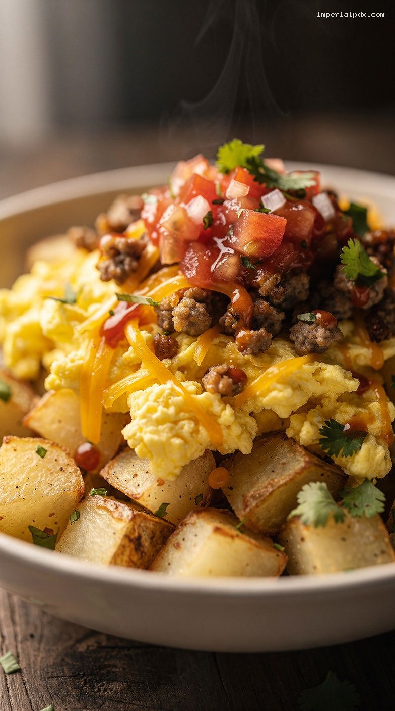 Microwave Breakfast Burrito Bowl With Eggs, Sausage, and Hash Browns – Closeup