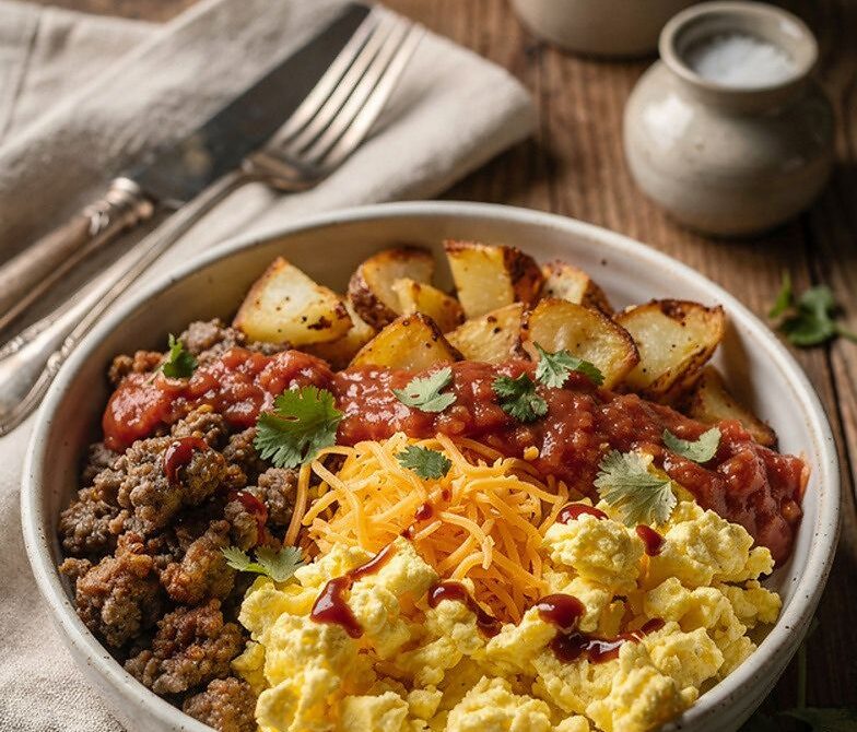 Microwave Breakfast Burrito Bowl With Eggs, Sausage, and Hash Browns