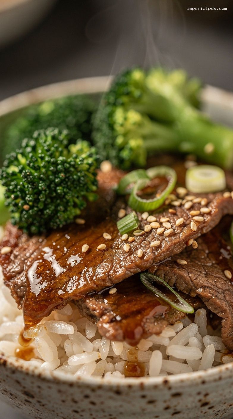 Microwave Broccoli Beef Rice Bowl With Soy Garlic Sauce – Closeup