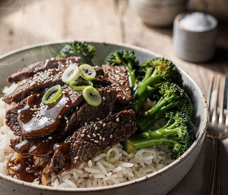 Microwave Broccoli Beef Rice Bowl With Soy Garlic Sauce