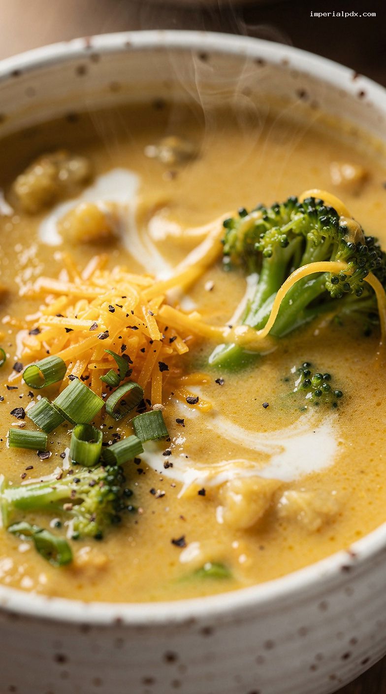 Microwave Broccoli Cheddar Soup Bowl with Creamy Cheddar – Closeup