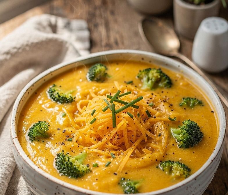 Microwave Broccoli Cheddar Soup Bowl with Creamy Cheddar