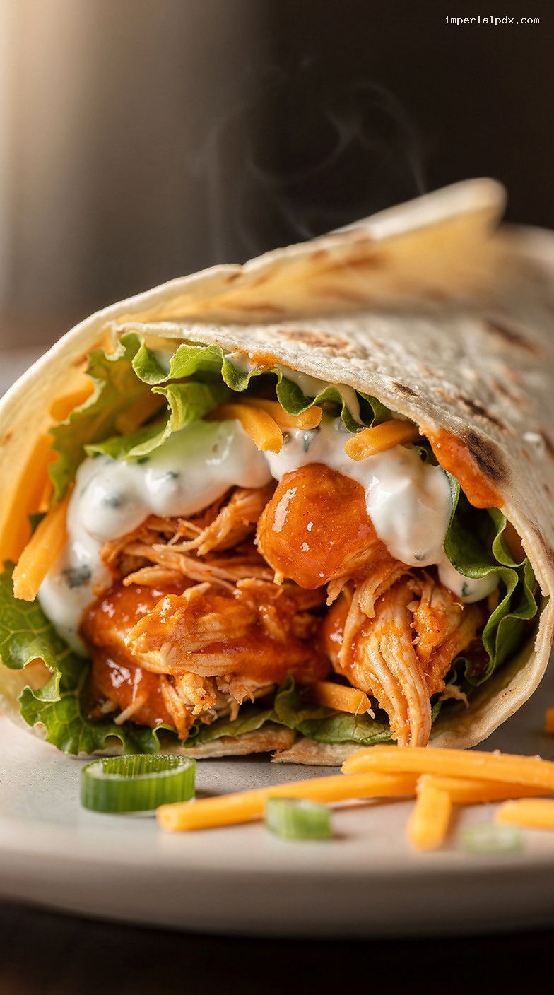 Microwave Buffalo Chicken Wrap With Lettuce, Cheddar, and Ranch – Closeup