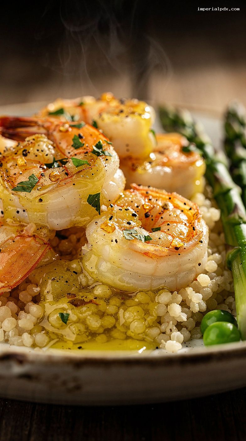 Microwave Butter Garlic Shrimp Over Lemon Couscous – Closeup