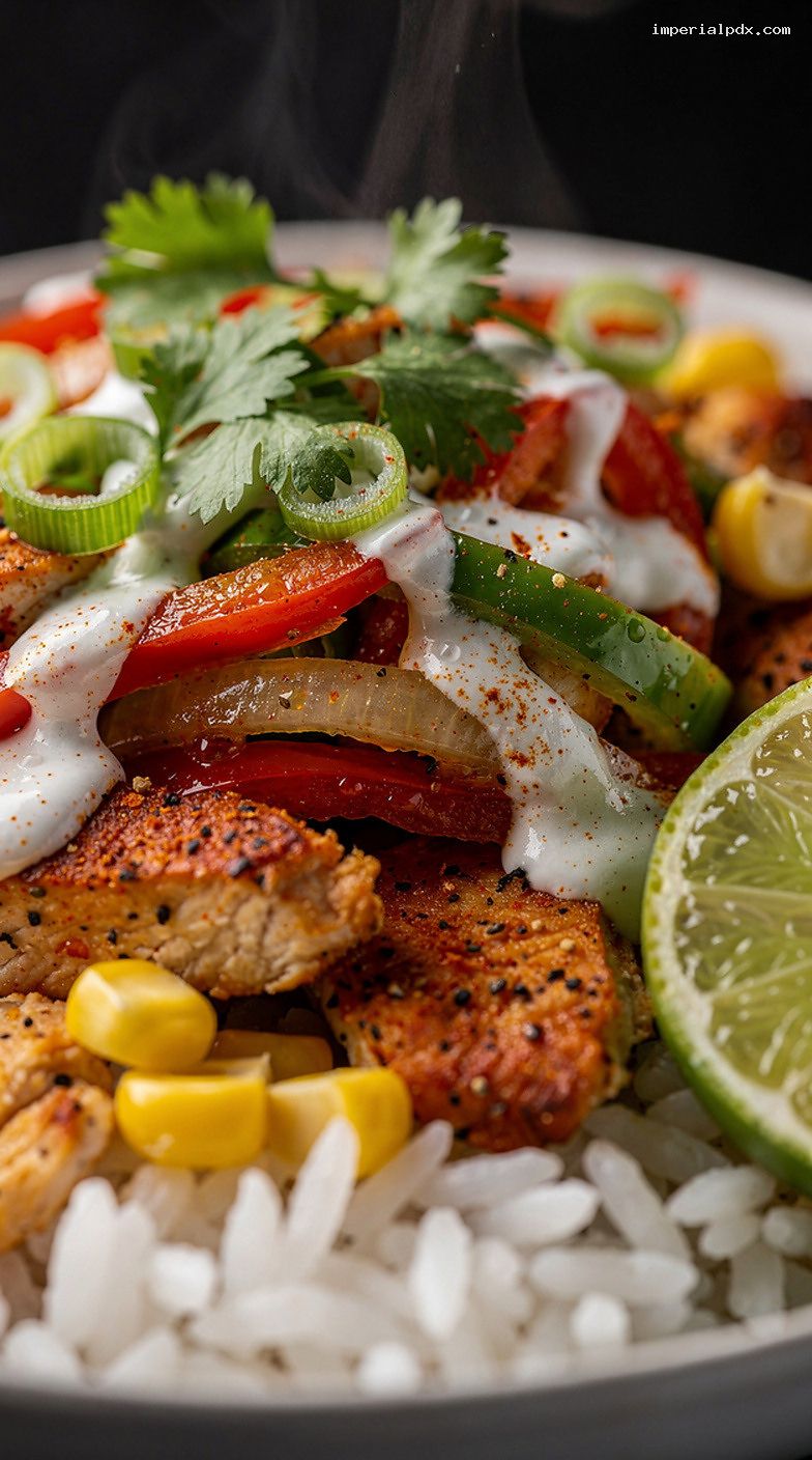 Microwave Cajun Chicken Rice Bowl With Peppers, Corn, and Lime – Closeup