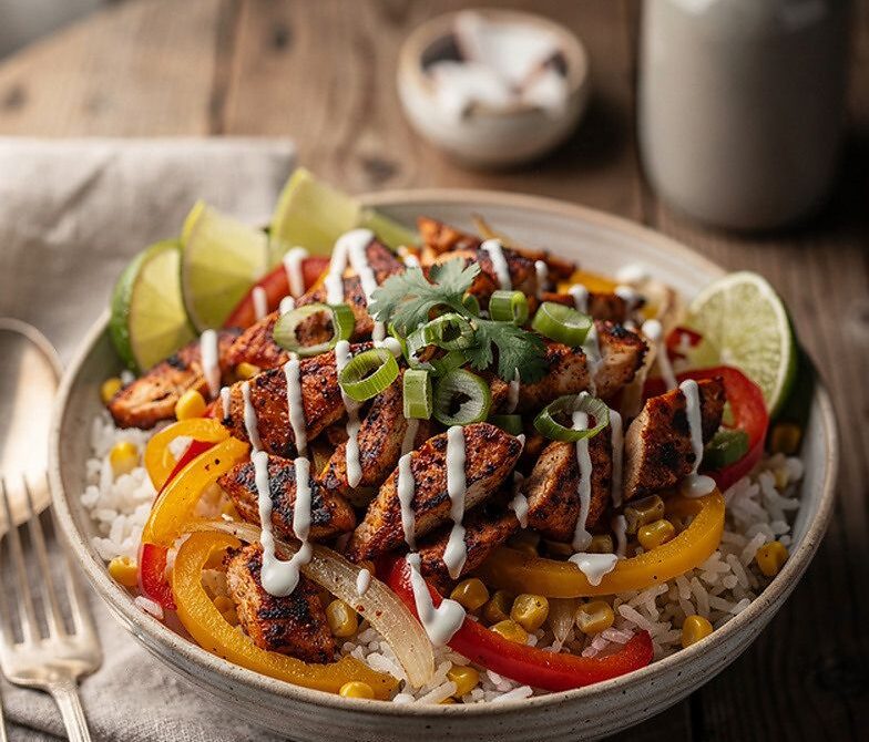 Microwave Cajun Chicken Rice Bowl With Peppers, Corn, and Lime