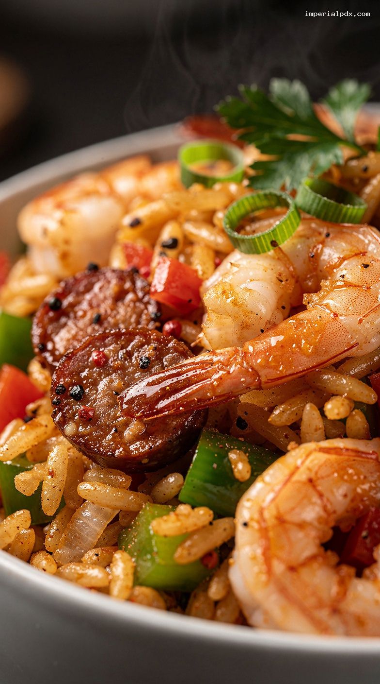 Microwave Cajun Jambalaya Rice Bowl With Sausage and Shrimp – Closeup