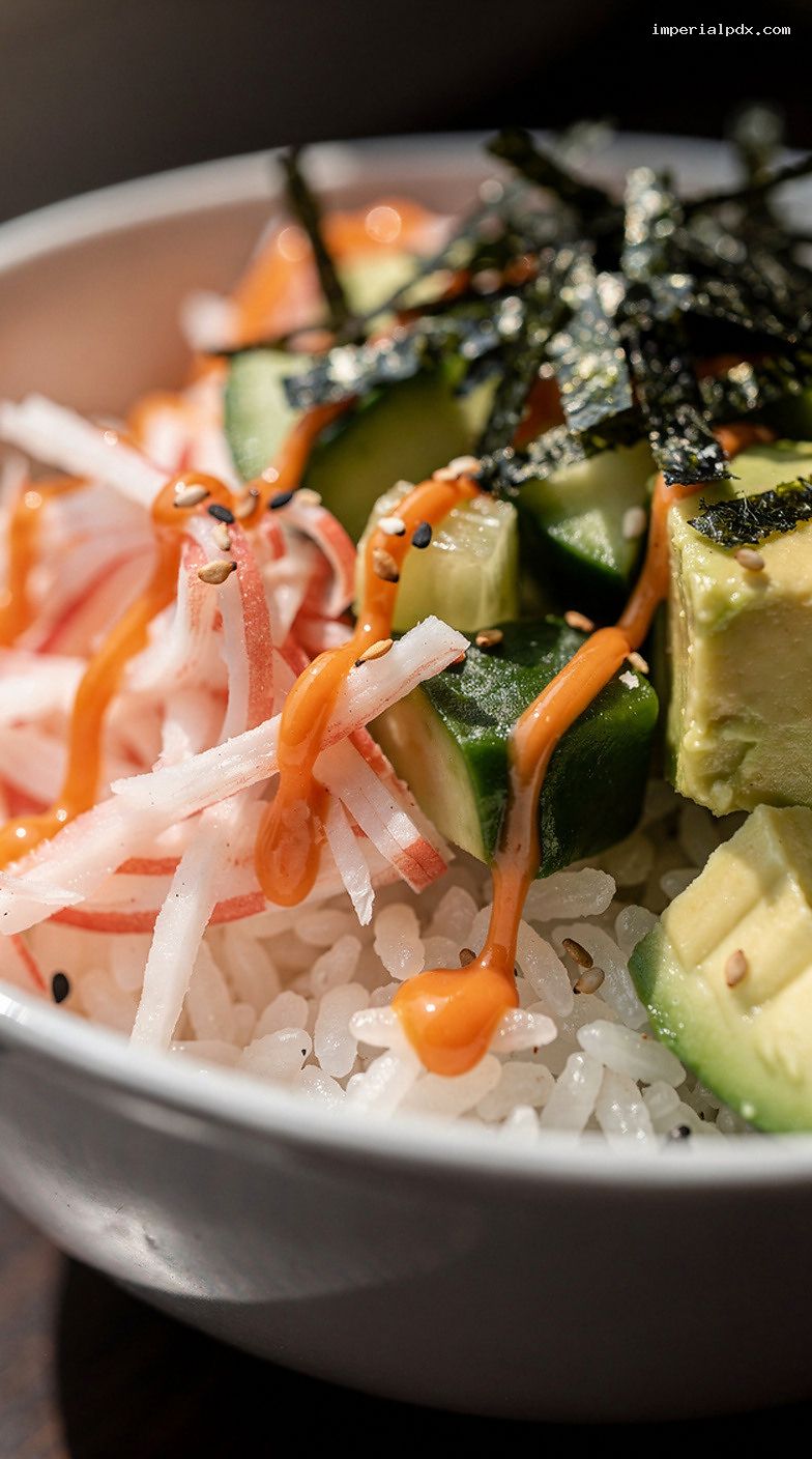 Microwave California Roll Sushi Bowl with Sriracha Mayo Drizzle – Closeup