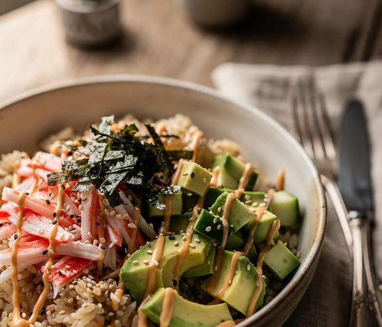 Microwave California Roll Sushi Bowl with Sriracha Mayo Drizzle