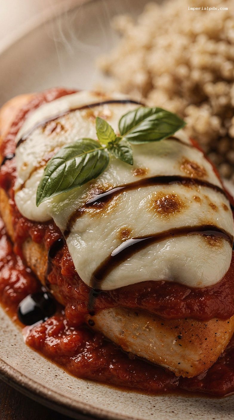 Microwave Caprese Chicken With Marinara, Mozzarella, And Basil – Closeup