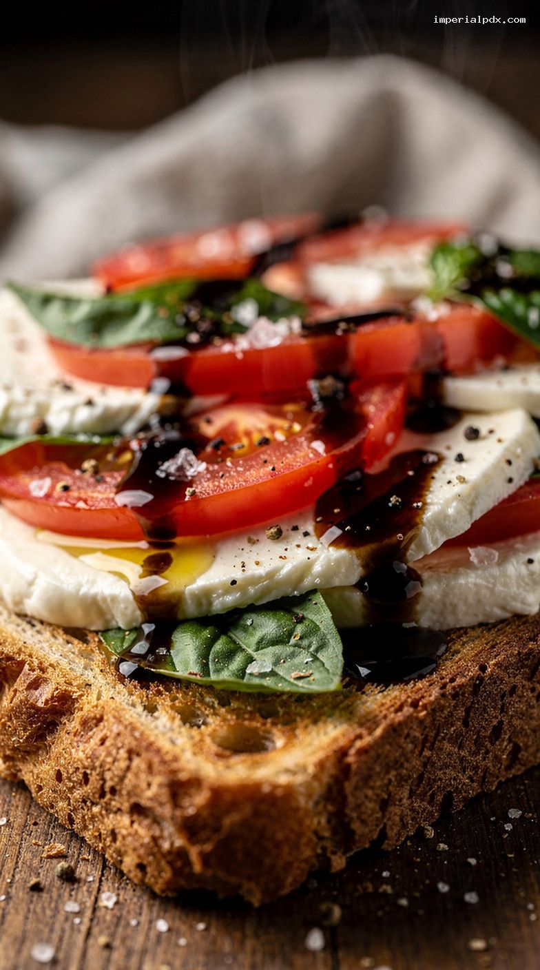 Microwave Caprese Tomato Mozzarella Melt with Basil and Balsamic Glaze – Closeup