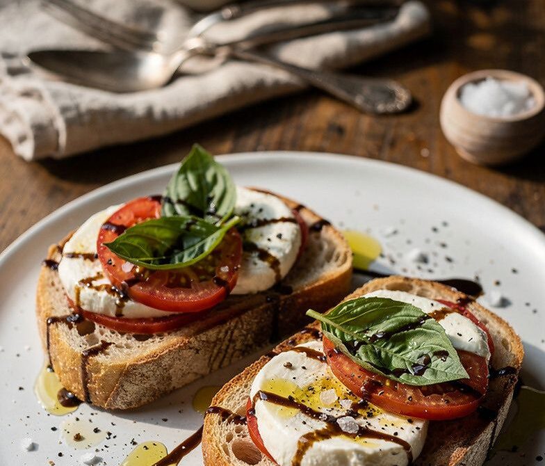 Microwave Caprese Tomato Mozzarella Melt with Basil and Balsamic Glaze