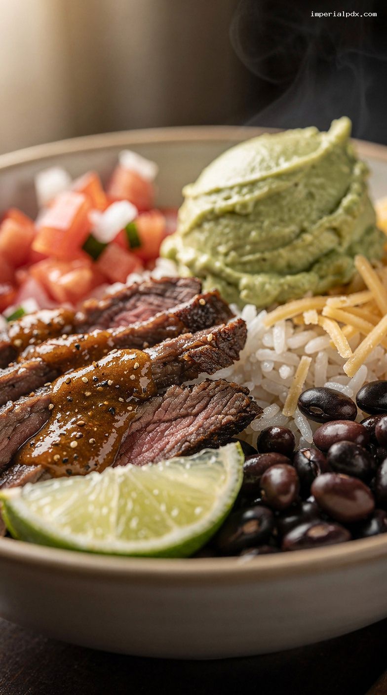 Microwave Carne Asada Burrito Bowl With Lime and Salsa – Closeup