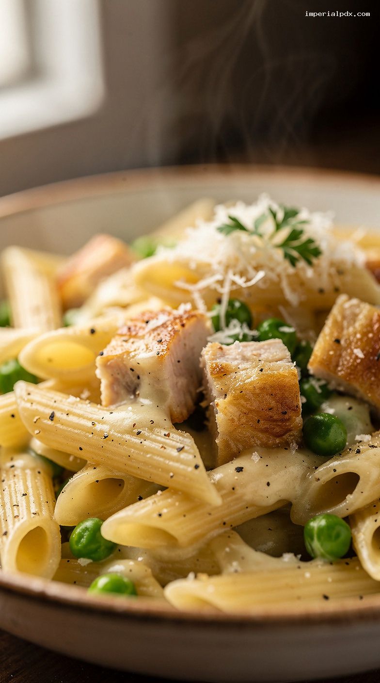 Microwave Chicken Alfredo Pasta With Peas – Closeup