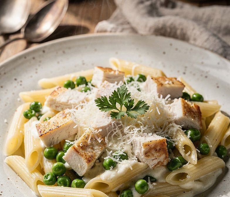Microwave Chicken Alfredo Pasta With Peas