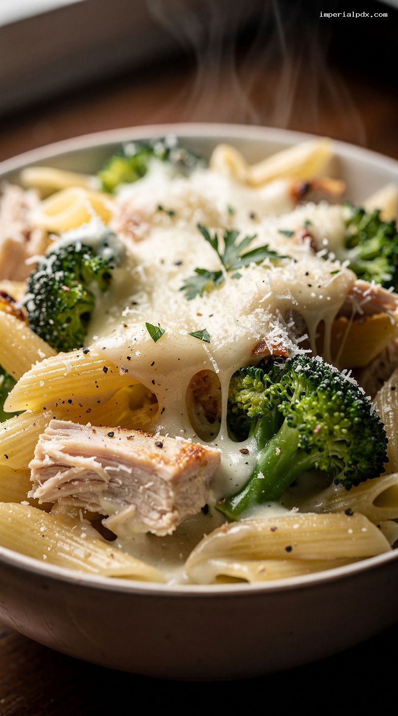 Microwave Chicken and Broccoli Alfredo Pasta Bake Bowl – Closeup