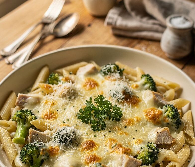 Microwave Chicken and Broccoli Alfredo Pasta Bake Bowl