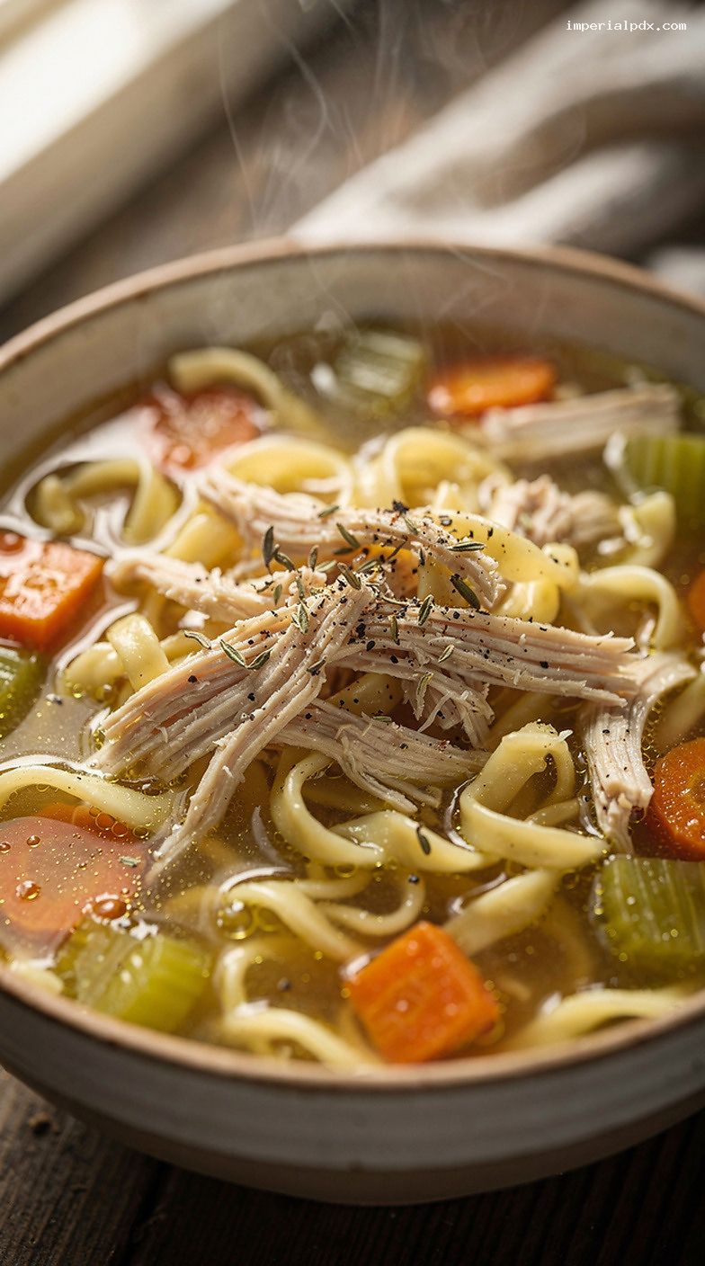 Microwave Chicken Noodle Comfort Soup With Rotisserie Chicken – Closeup