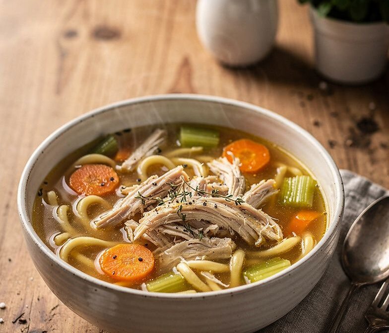 Microwave Chicken Noodle Comfort Soup With Rotisserie Chicken