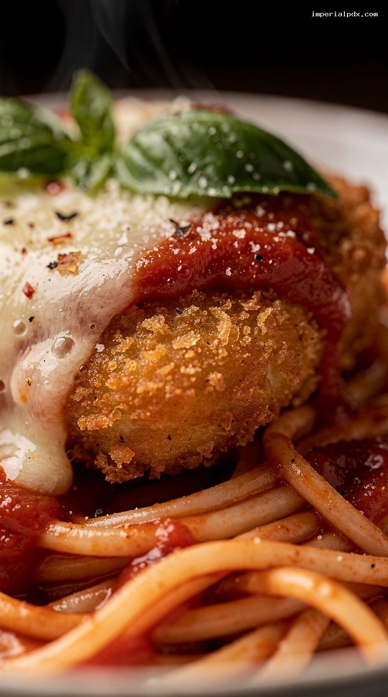 Microwave Chicken Parmesan Bowl With Spaghetti, Marinara, and Mozzarella – Closeup