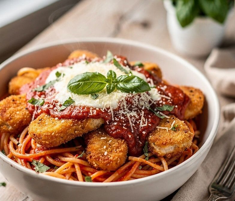 Microwave Chicken Parmesan Bowl With Spaghetti, Marinara, and Mozzarella
