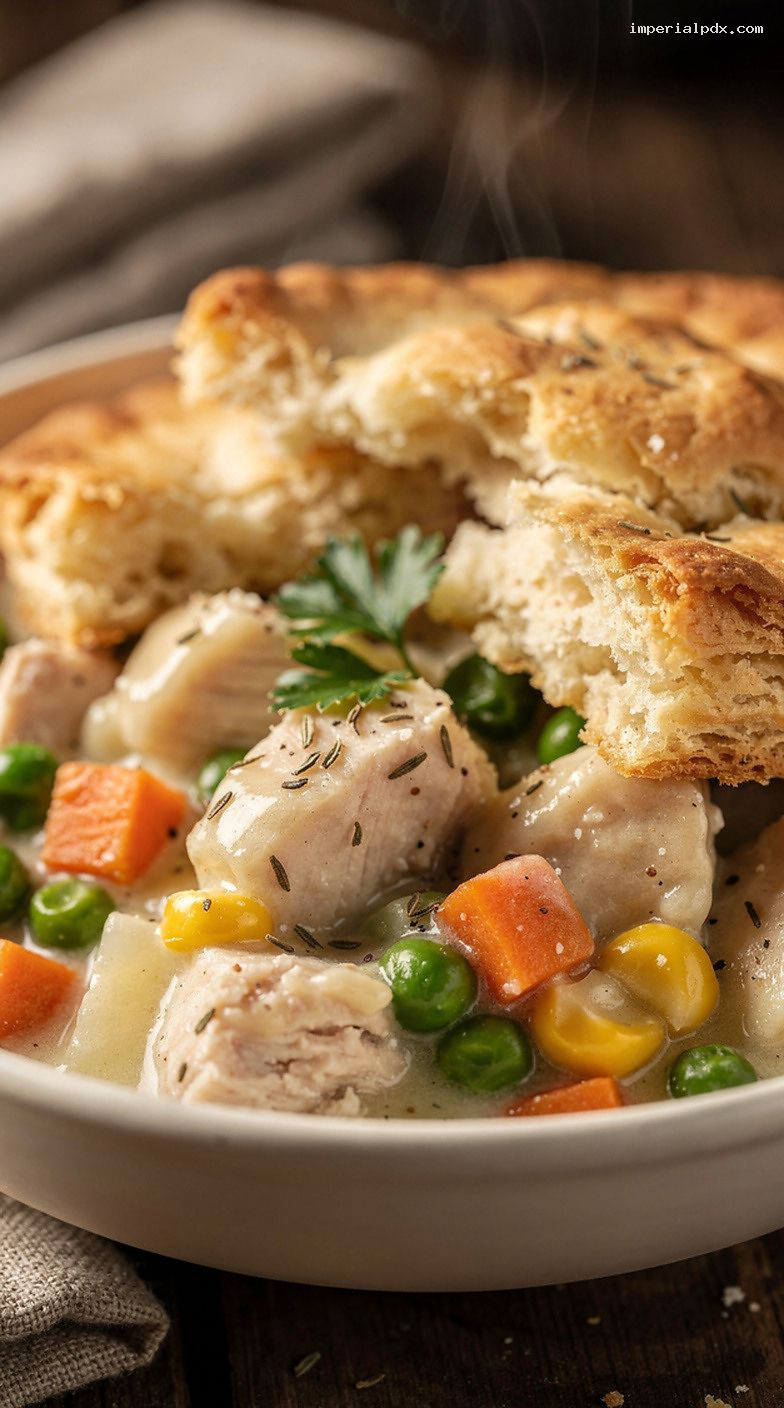 Microwave Chicken Pot Pie Filling Bowl With Biscuit Topping – Closeup