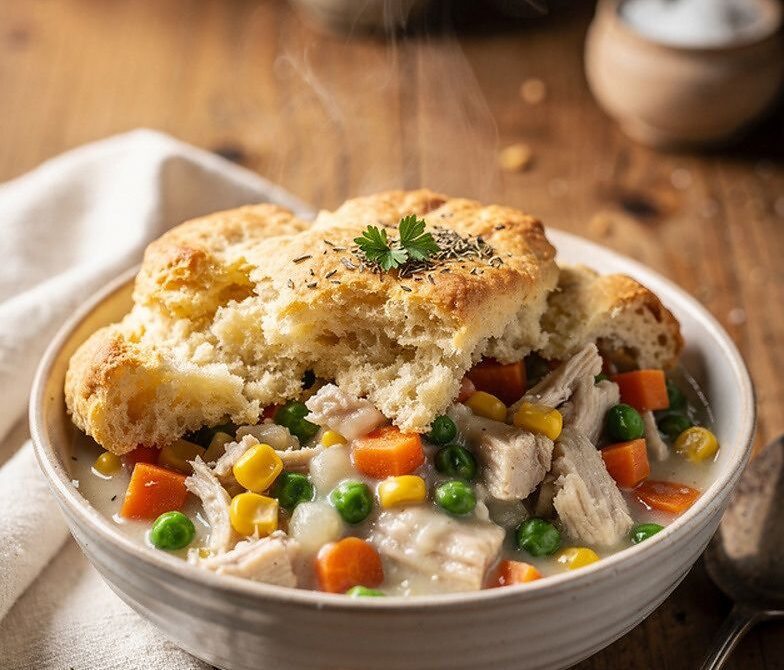 Microwave Chicken Pot Pie Filling Bowl With Biscuit Topping