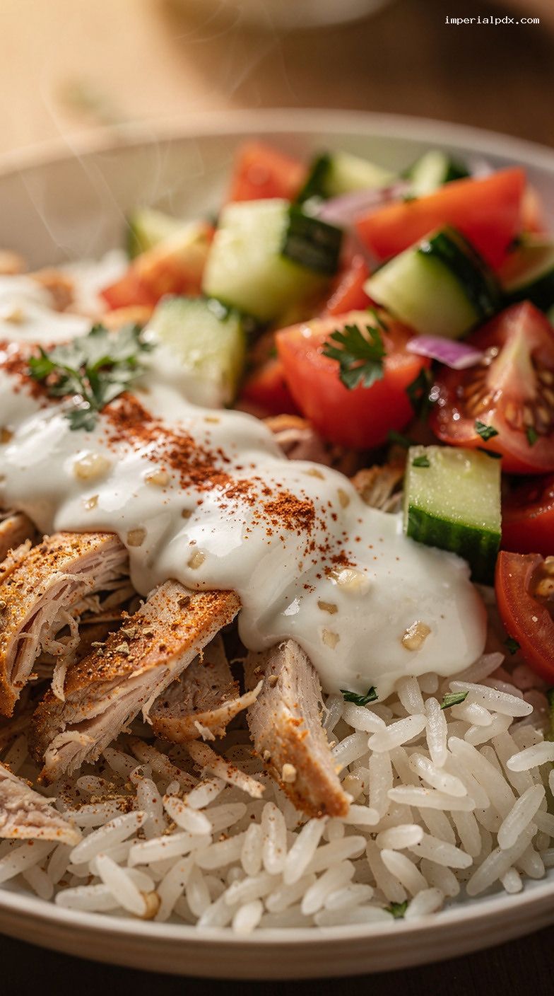Microwave Chicken Shawarma Rice Bowl With Yogurt Sauce – Closeup