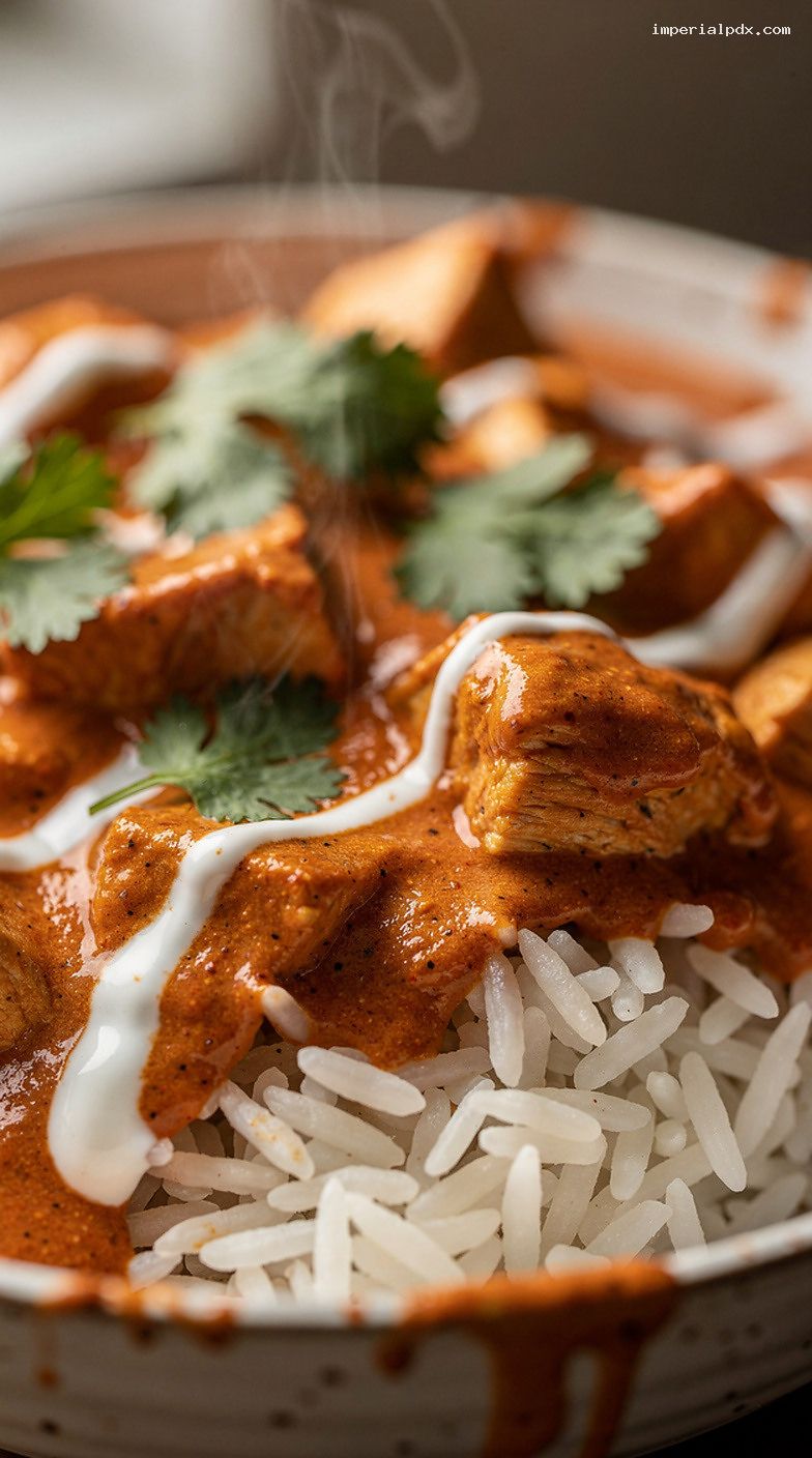 Microwave Chicken Tikka Masala Rice Bowl With Yogurt Swirl – Closeup