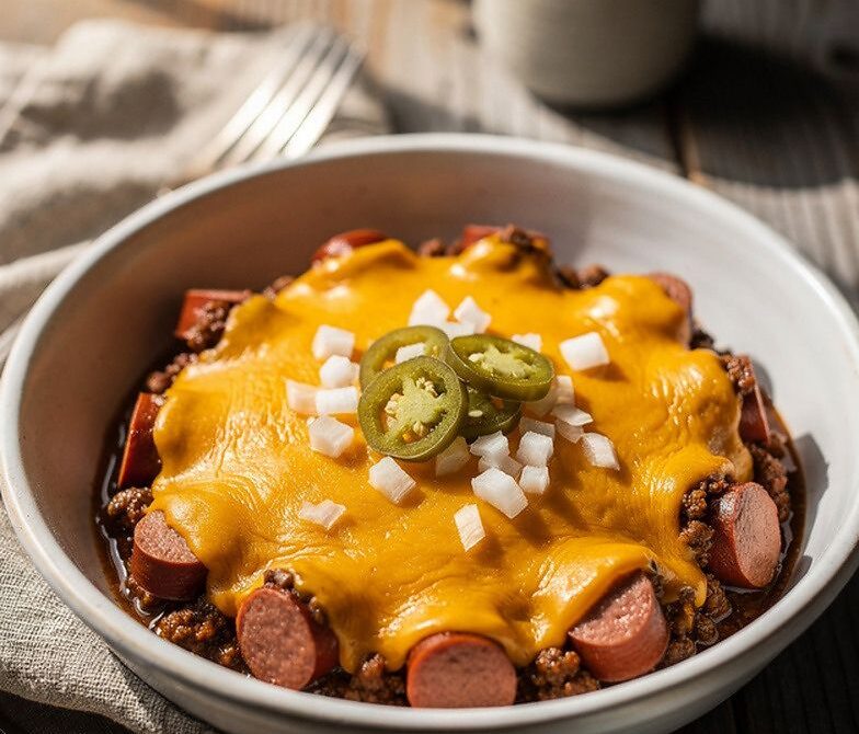 Microwave Chili Cheese Dog Bowl With Onions and Jalapeños