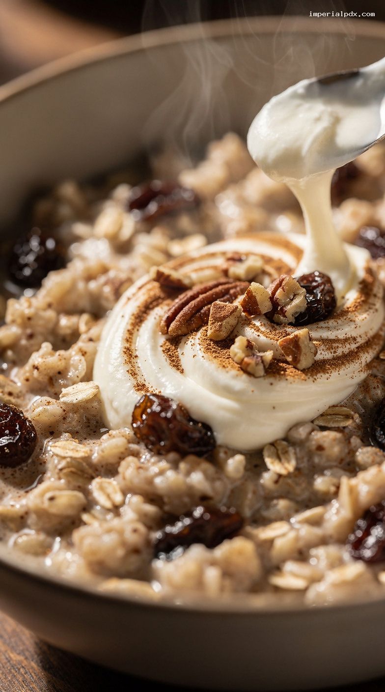 Microwave Cinnamon-Raisin Oatmeal With Cream Cheese Swirl – Closeup