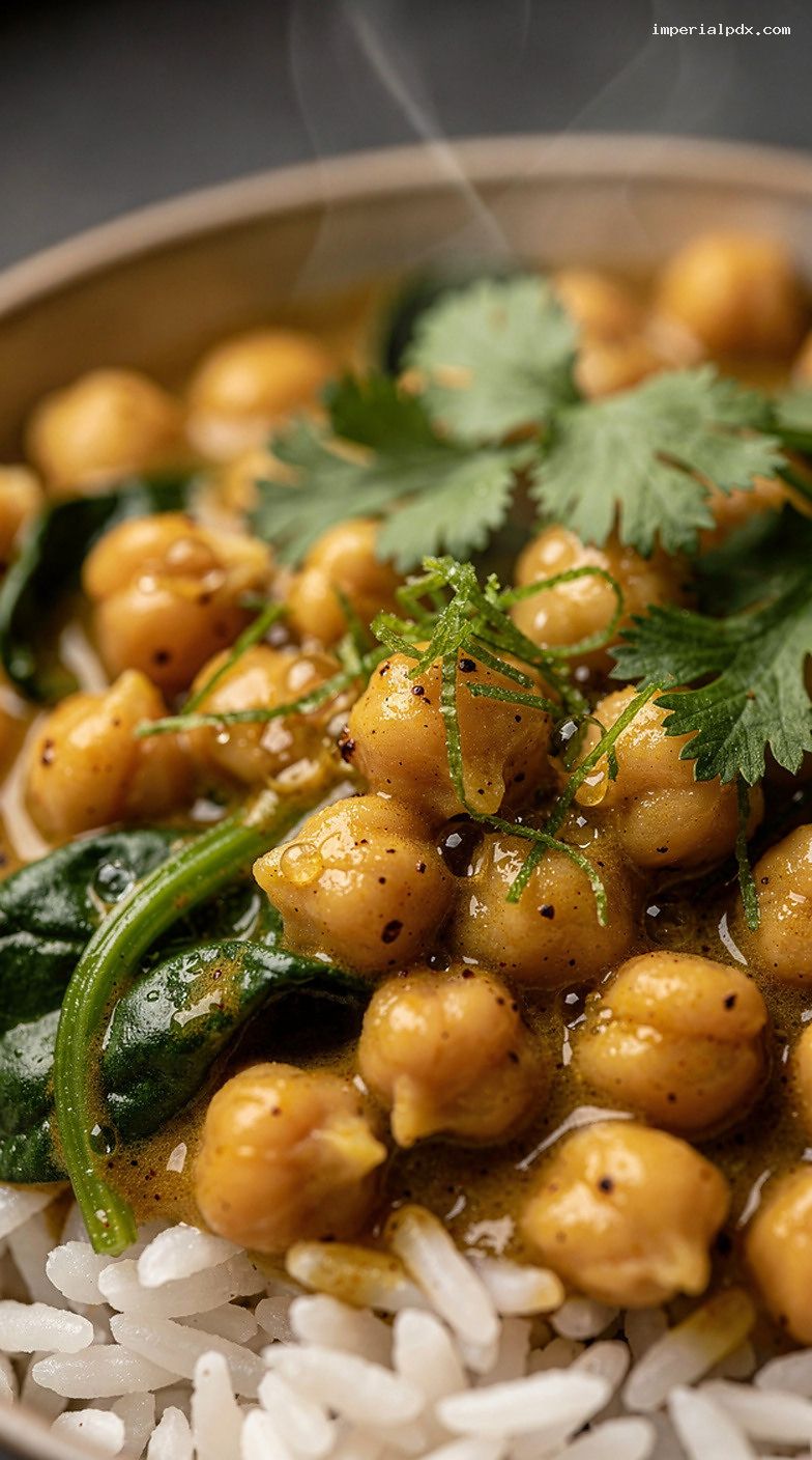 Microwave Coconut Curry Chickpea Bowl with Spinach and Lime – Closeup
