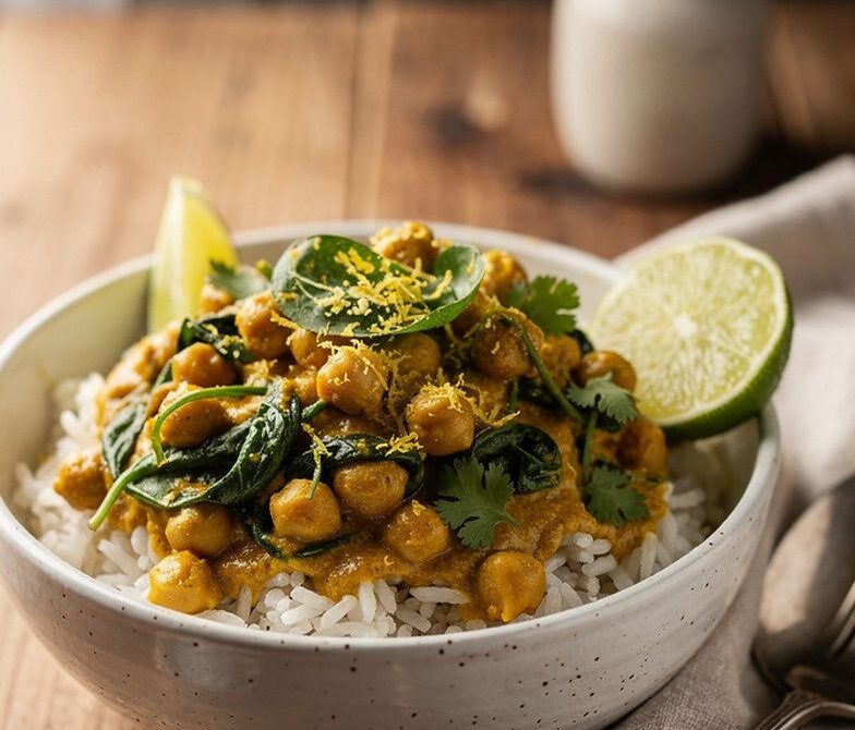 Microwave Coconut Curry Chickpea Bowl with Spinach and Lime