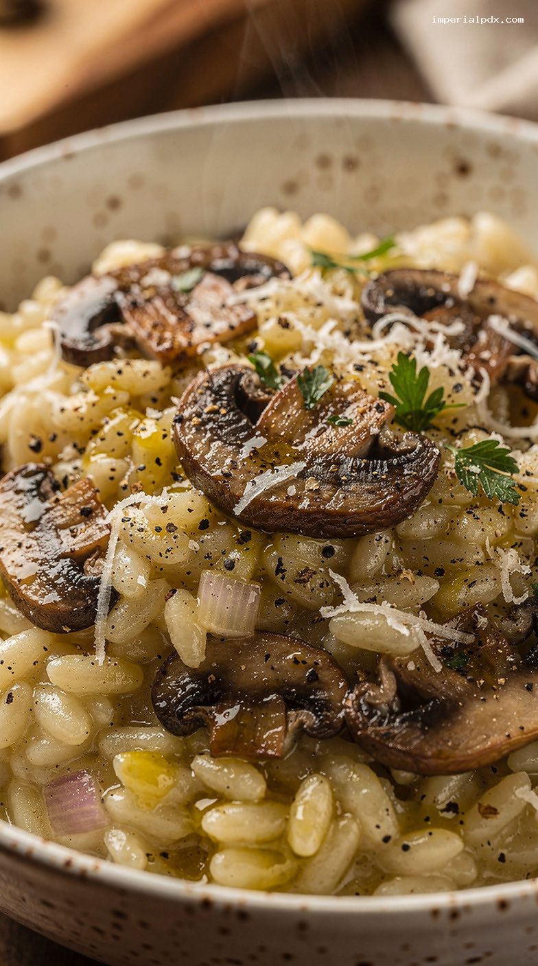 Microwave Creamy Mushroom Rice Bowl With Parmesan and Butter – Closeup