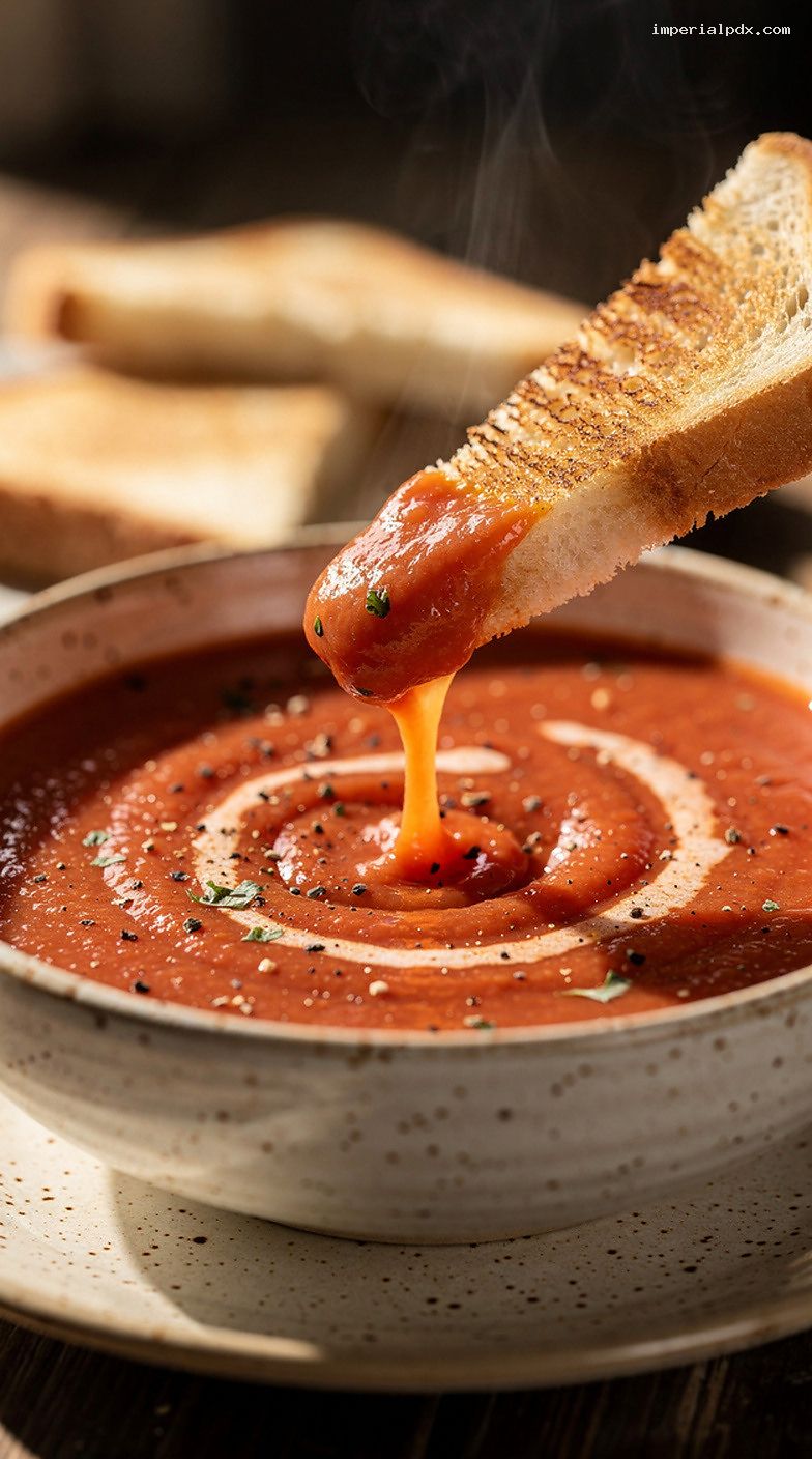 Microwave Creamy Tomato Basil Soup With Grilled Cheese Dippers – Closeup