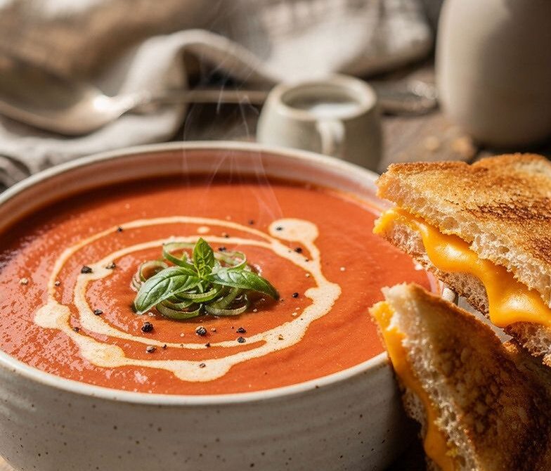 Microwave Creamy Tomato Basil Soup With Grilled Cheese Dippers