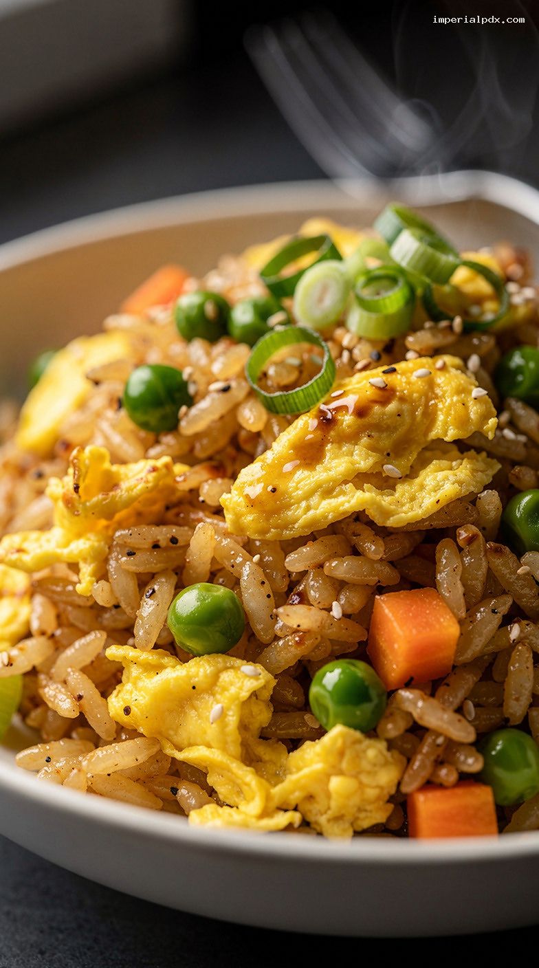 Microwave Egg Fried Rice Bowl With Veggies and Soy Sauce – Closeup
