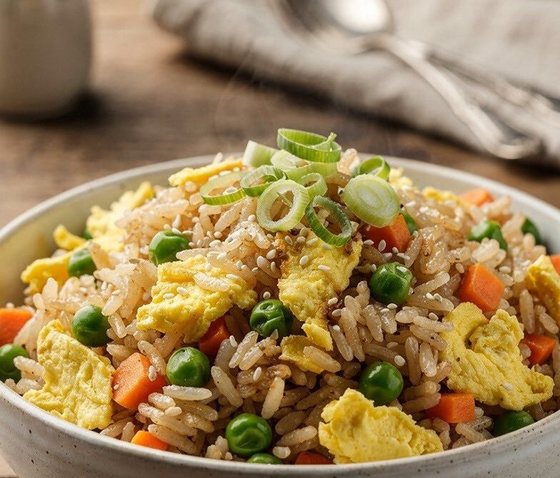 Microwave Egg Fried Rice Bowl With Veggies and Soy Sauce