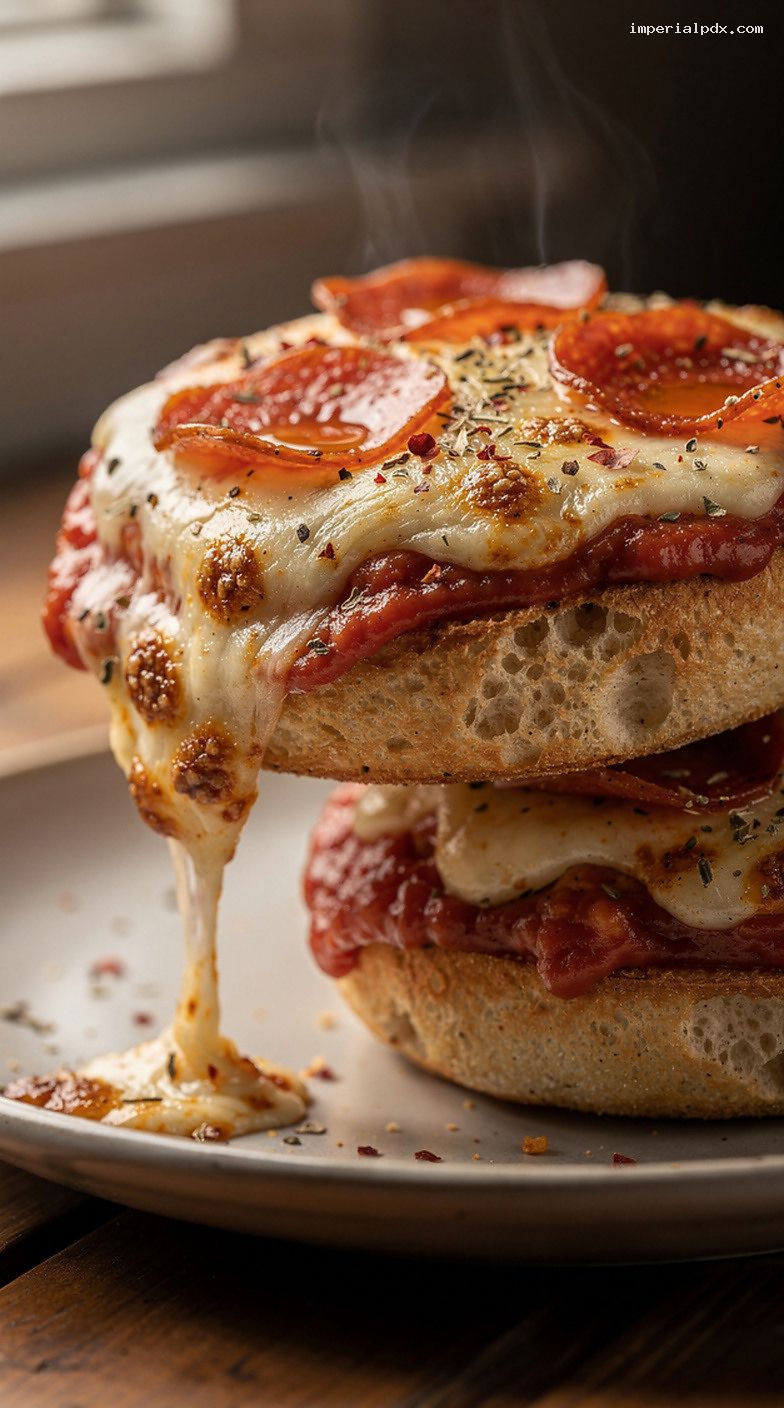 Microwave English Muffin Pizza Melts with Mozzarella and Pepperoni – Closeup