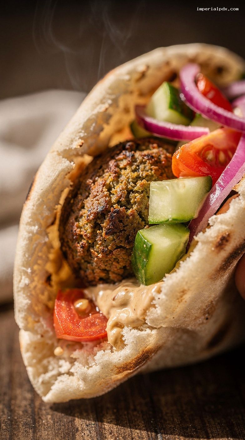 Microwave Falafel Pita With Tahini Sauce and Pickled Onions – Closeup