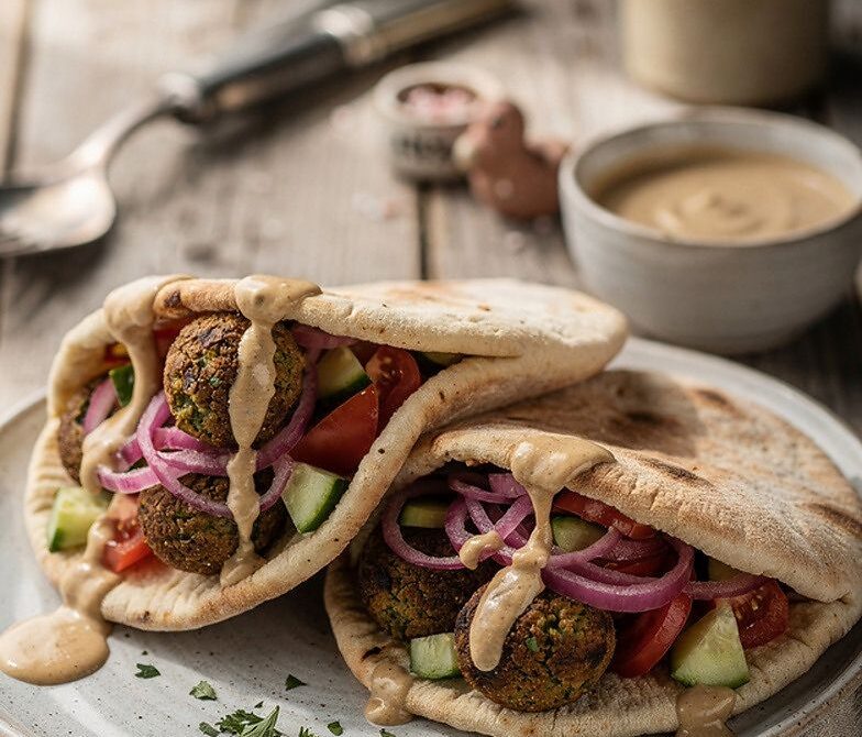Microwave Falafel Pita With Tahini Sauce and Pickled Onions