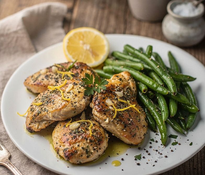 Microwave Garlic Herb Chicken With Green Beans and Lemon