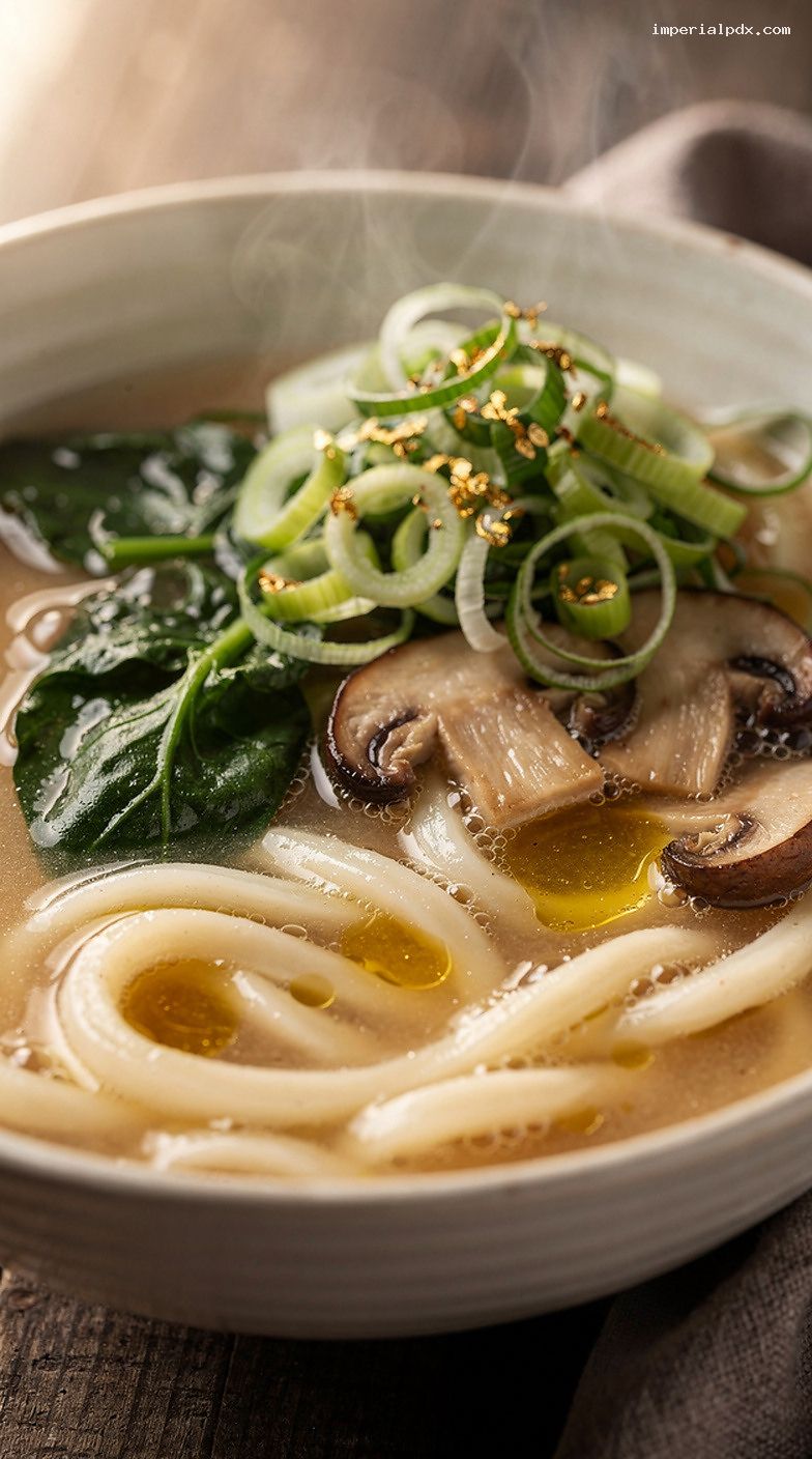 Microwave Ginger Miso Udon Soup With Spinach And Mushrooms – Closeup