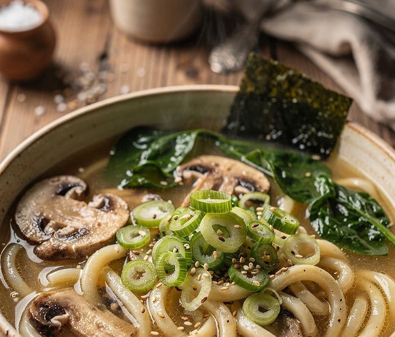 Microwave Ginger Miso Udon Soup With Spinach And Mushrooms