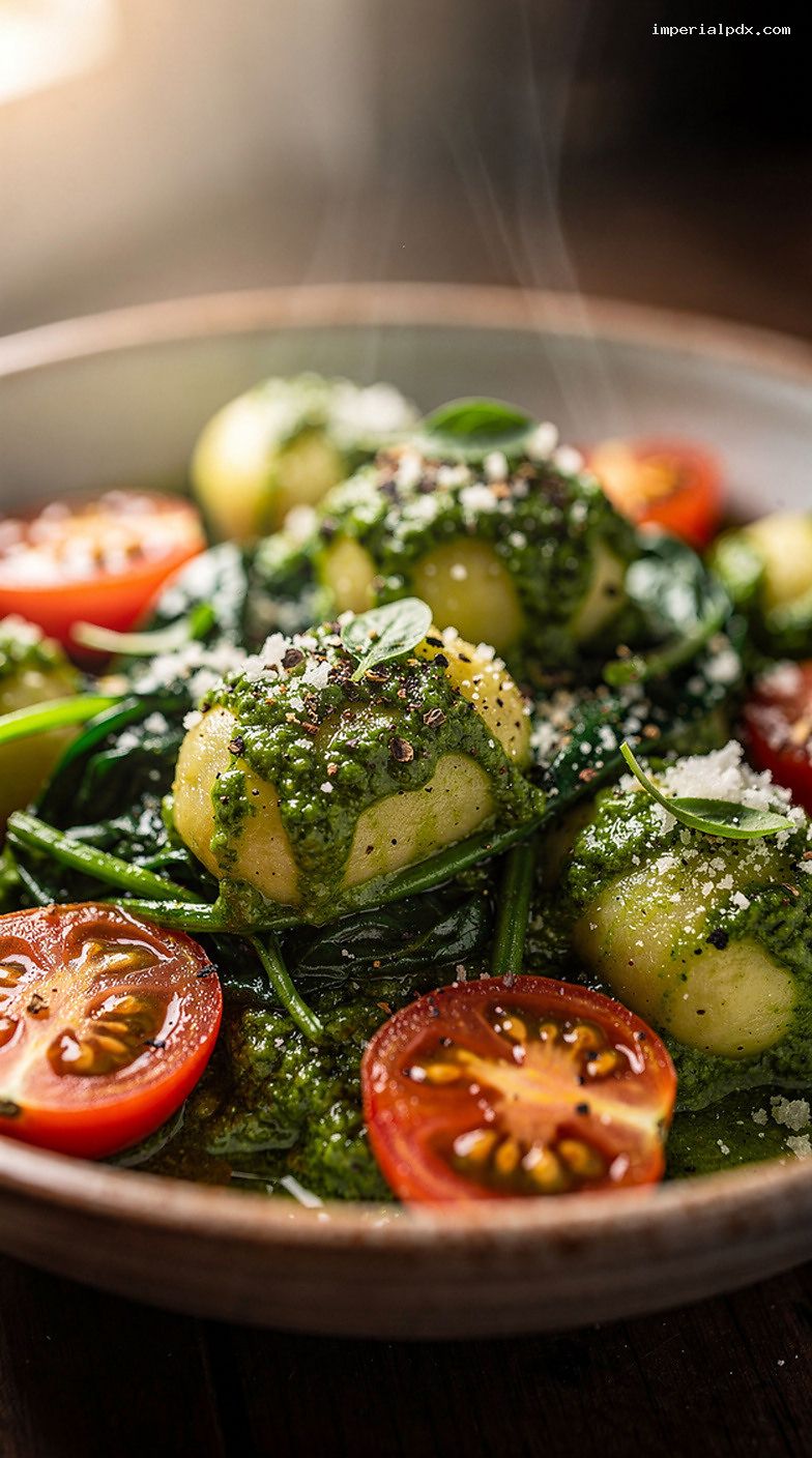 Microwave Gnocchi Pesto Bowl With Spinach and Cherry Tomatoes – Closeup