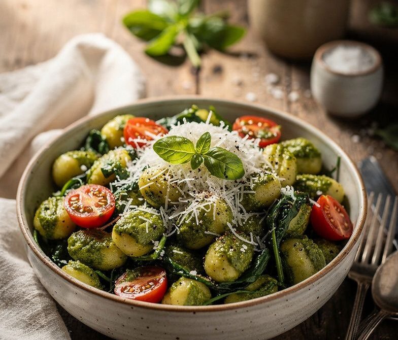 Microwave Gnocchi Pesto Bowl With Spinach and Cherry Tomatoes