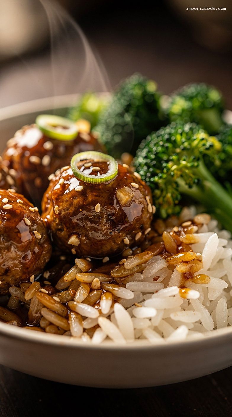 Microwave Honey Garlic Meatball Rice Bowl With Broccoli – Closeup