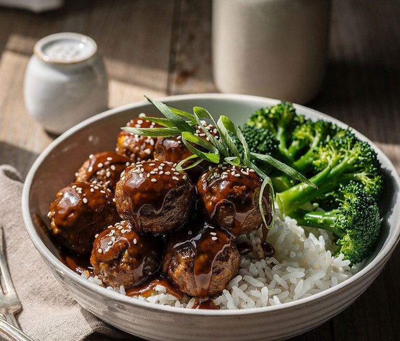 Microwave Honey Garlic Meatball Rice Bowl With Broccoli